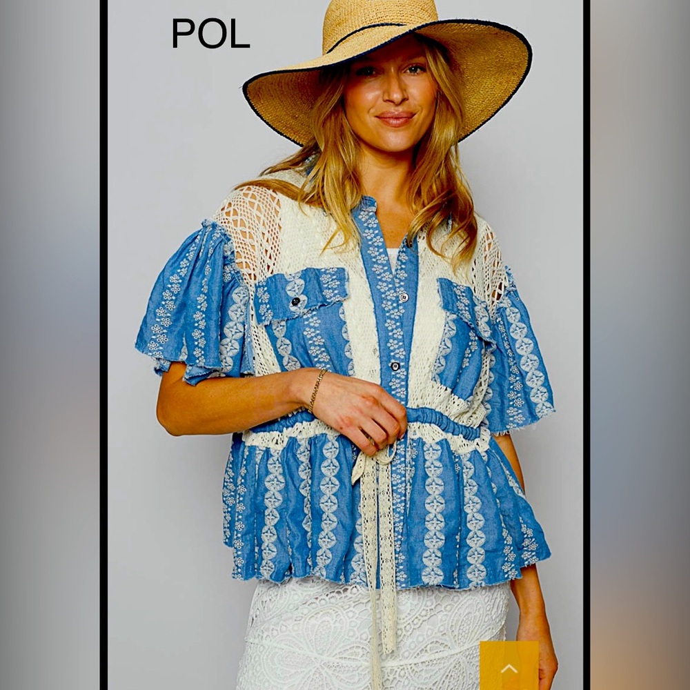 BP202-6💙POL perfection Blue and Cream  button up peplum shacket w/tie waist! Wow